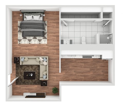 a floor plan of a studio apartment with a bedroom and living room